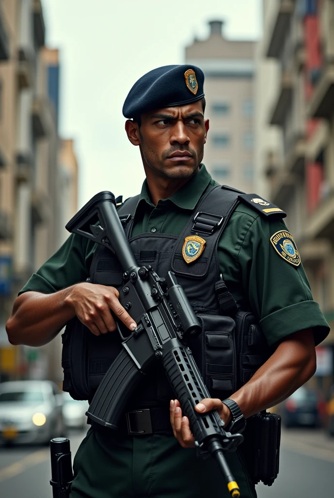 A military police officer from Sao Paulo, of brown skin color, holding the gun, fighting crime and defending the population of the city of São Paulo, with the buildings of São Paulo in the background of the image