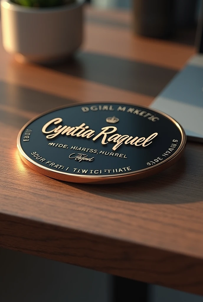 Create a badge on the table with the name Cyntia Raquel and the profession digital marketing with a focus on the badge