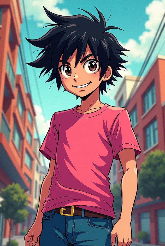 Scott pilgrim con pelo negro, pink shirt and blue jeans