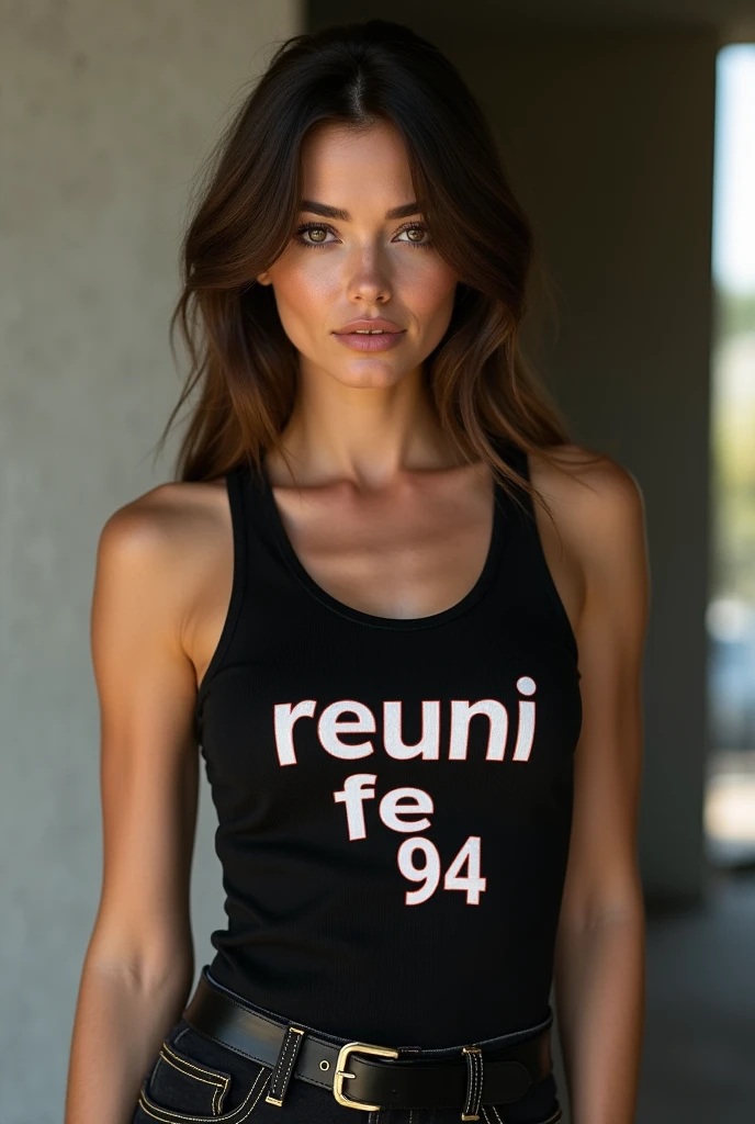Girl, sexy, 30 years, wearing black tanktop that say "REUNI FE 94"