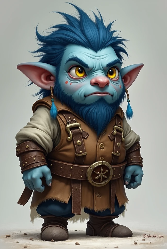 Create a male dwarf species, light blue skinned, Long Earings, fallen and hairy, yellow eyes, big flat nose, dark blue hair and spiky, Make it neutral, wearing craftsman's attire , spots on the face