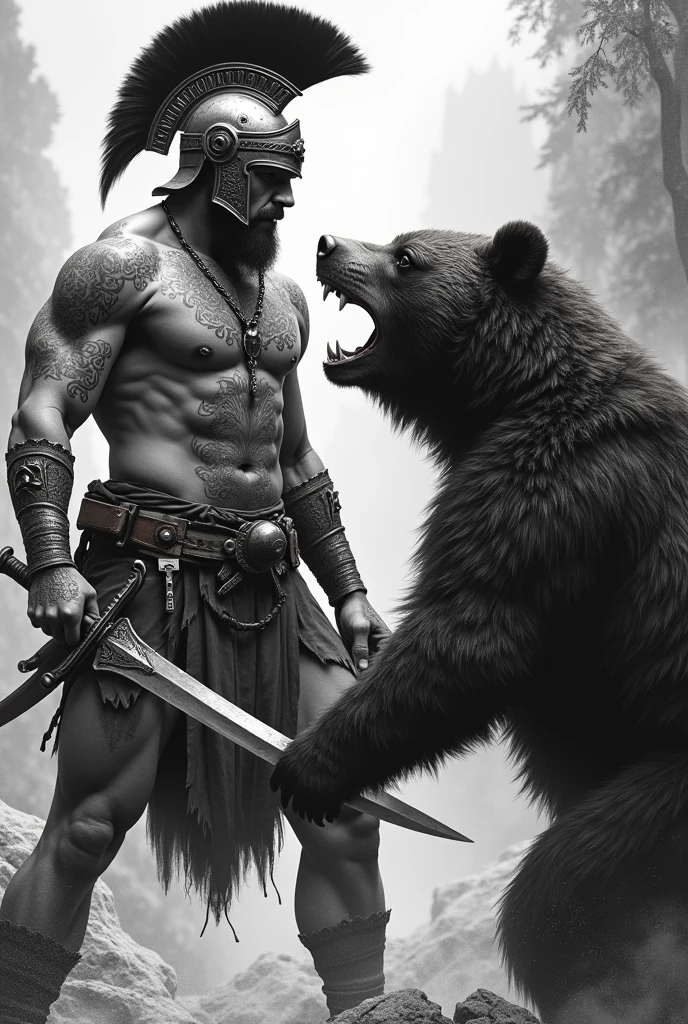 create a barbarian with a roman helmet ,with a sword in hand,fighting a wild bear,realistic black and white tattoo style in high definition
