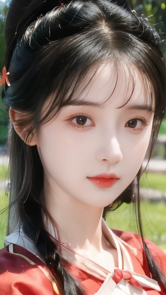 (best quality,4K,8K,high resolution,masterpiece:1.2),Extremely detailed,Practical,portrait,Girl in red Hanfu,Close-up view,Girl with hairpin,Standing on the grass,Beautiful and delicate eyes,Beautiful and delicate lips,Extremely detailed face,Long eyelashes,Lush green grass as background,Vibrant colors,Soft natural lighting.