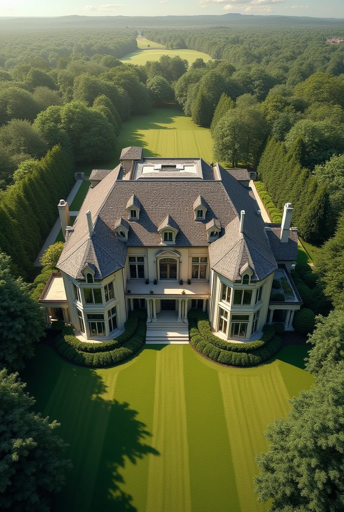 A villa on a very large plot. From a bird's eye view. With larger windows and in country style. More lawn and even larger windows. Isolated from the outside world