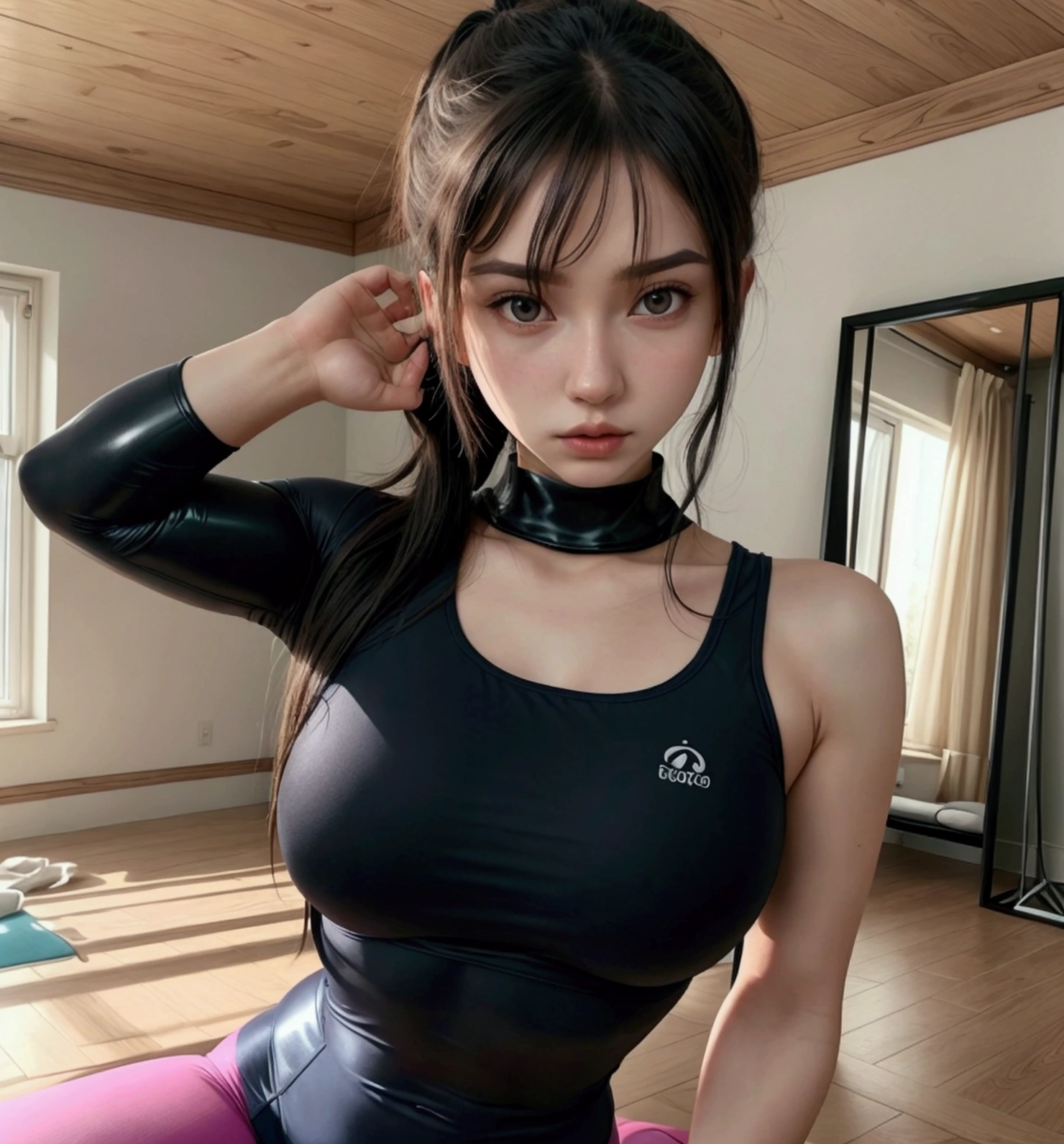 Yoga gymnastics, hyperrealistic image, Photo of woman doing yoga, woman in gym outfit and long colored stockings, gymnast practicing yoga. Living room with wooden floor, mirrors on the walls and good lighting, 4k, ((CLOTHES)) black latex