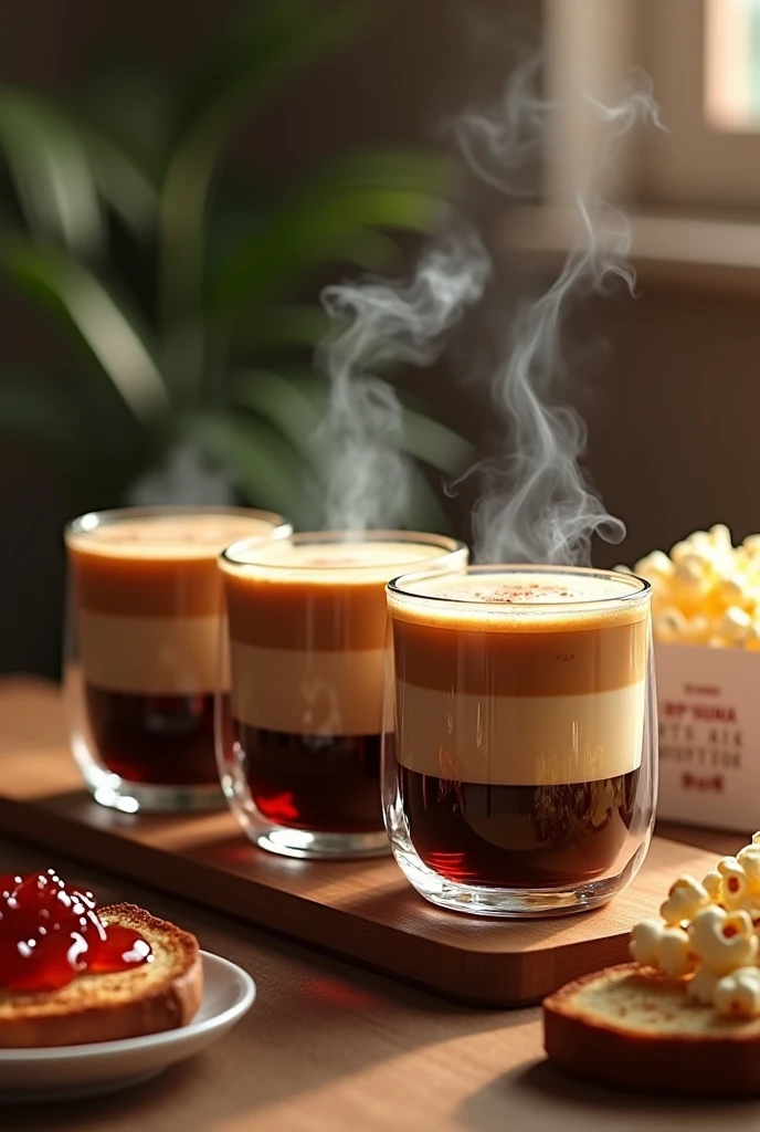Moccapot brew coffee on to a three-layered cups. Each cup has a name printed on it says 
'Kintat-Abol' 'Kintat-Bereka' and 
'Kintat-Tonana' 
With full of coffee steam in the air. Toasted bread and jam spread on it. Popcorn with box at the back.