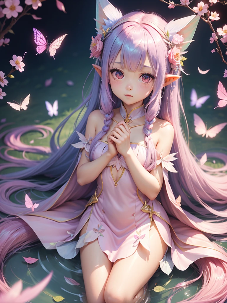 cute little Fairy, blue butterfly, pinkl hair, pink eyes, pink dress pointy ears dress made of petals leaves微笑む, Very long hair, Long pointed ears, flower、leaf、, Feather Hair Accessories, Sparkle Effect, Dragon Horn, leafのヘアアクセサリー,