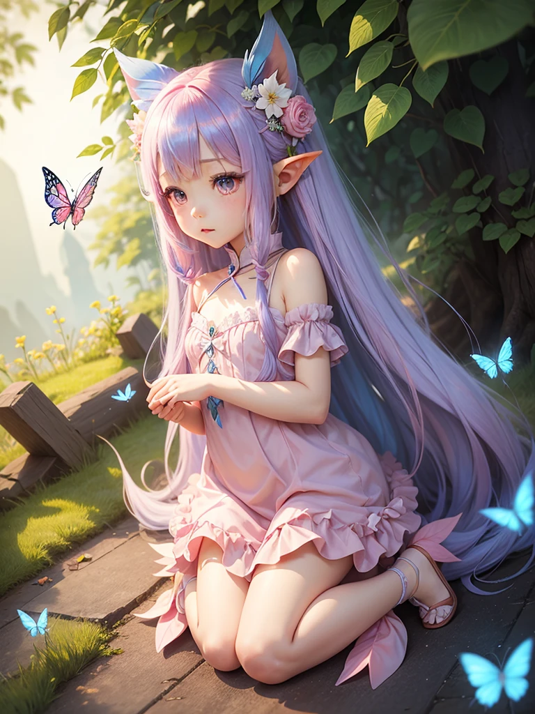cute little Fairy, blue butterfly, pinkl hair, pink eyes, pink dress pointy ears dress made of petals leaves微笑む, Very long hair, Long pointed ears, flower、leaf、, Feather Hair Accessories, Sparkle Effect, Dragon Horn, leafのヘアアクセサリー,