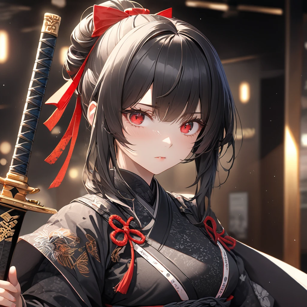 最high quality, wonderful_delicate, wonderful delicate eyes, Super detailed, beautiful, 8k , One girl, Red eyes, evil, Facial Contour,(Absurd, High resolution, Super detailed), masterpiece, The perfect solution, wonderfulディテール, Super Detailed, Cinema Lighting, Ray Tracing, Depth of written boundary, Cinema Lighting, Ray Tracing, 超High resolution, Attention to detail, 最high quality, High resolution, high quality, Awards, Super Detail, masterpiece, 8k, 超High resolution, Attention to detail, 最high quality, High resolution, high quality, Awards, Super Detail, masterpiece, 8k, Digital Art, Anime Coloring,"wearing a modern ninja costume with meticulous detail., Attention to detail近代的な忍者衣装を着て、Create an illustration of a futuristic female ninja with black hair,. She has long black hair tied with a red ribbon and symbols.。She must be wearing a luxurious black outfit with red accents that feature characters.。. She has a sword with intricate designs on the hilt and scabbard.. The story is set in the Edo period.