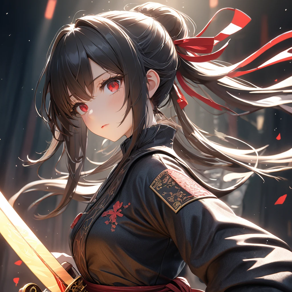 最high quality, wonderful_delicate, wonderful delicate eyes, Super detailed, beautiful, 8k , One girl, Red eyes, evil, Facial Contour,(Absurd, High resolution, Super detailed), masterpiece, The perfect solution, wonderfulディテール, Super Detailed, Cinema Lighting, Ray Tracing, Depth of written boundary, Cinema Lighting, Ray Tracing, 超High resolution, Attention to detail, 最high quality, High resolution, high quality, Awards, Super Detail, masterpiece, 8k, 超High resolution, Attention to detail, 最high quality, High resolution, high quality, Awards, Super Detail, masterpiece, 8k, Digital Art, Anime Coloring,"wearing a modern ninja costume with meticulous detail., Attention to detail近代的な忍者衣装を着て、Create an illustration of a futuristic female ninja with black hair,. She has long black hair tied with a red ribbon and symbols.。She must be wearing a luxurious black outfit with red accents that feature characters.。. She has a sword with intricate designs on the hilt and scabbard.. The story is set in the Edo period.