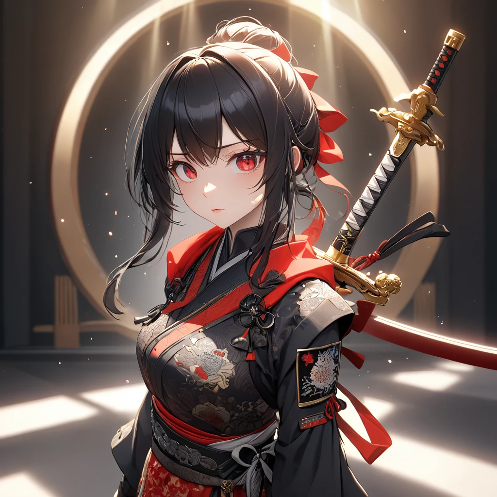 最high quality, wonderful_delicate, wonderful delicate eyes, Super detailed, beautiful, 8k , One girl, Red eyes, evil, Facial Contour,(Absurd, High resolution, Super detailed), masterpiece, The perfect solution, wonderfulディテール, Super Detailed, Cinema Lighting, Ray Tracing, Depth of written boundary, Cinema Lighting, Ray Tracing, 超High resolution, Attention to detail, 最high quality, High resolution, high quality, Awards, Super Detail, masterpiece, 8k, 超High resolution, Attention to detail, 最high quality, High resolution, high quality, Awards, Super Detail, masterpiece, 8k, Digital Art, Anime Coloring,"wearing a modern ninja costume with meticulous detail., Attention to detail近代的な忍者衣装を着て、Create an illustration of a futuristic female ninja with black hair,. She has long black hair tied with a red ribbon and symbols.。She must be wearing a luxurious black outfit with red accents that feature characters.。. She has a sword with intricate designs on the hilt and scabbard.. The story is set in the Edo period.