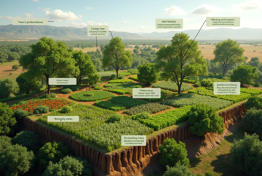 Create a detailed landscape image of an 86-hectare sustainable farm in South Africa, showcasing the innovative 'Trees as Natural Greenhouses' concept. The farm features a diverse agroforestry system with tall Moringa, Sesbania, Gliricidia, and Leucaena trees forming a lush canopy layer. Beneath this canopy, depict a sub-canopy layer with fruit trees and shade-tolerant crops like coffee and cacao. The ground layer should display high-value crops such as turmeric, garlic, ginger, and cover crops, with visible smart sprinkler irrigation systems integrated with tree roots. The landscape should include a mix of open fields and densely planted areas, highlighting biodiversity with insectary plants and managed beehives. The farm appears vibrant and thriving, set against a backdrop of natural terrain under a clear sky with soft clouds. Add labels and text to the image, titling it 'Trees as Natural Greenhouses: Sustainable Farming on an 86-Hectare Farm.' Label key areas: 'Canopy Layer' for the tall trees, 'Sub-canopy Layer' for the fruit trees and shade-tolerant crops, 'Ground Layer' for turmeric, garlic, ginger, and cover crops, 'Smart Sprinkler Irrigation' for the irrigation systems, and 'Biodiversity Zones' for the insectary plants and beehives.