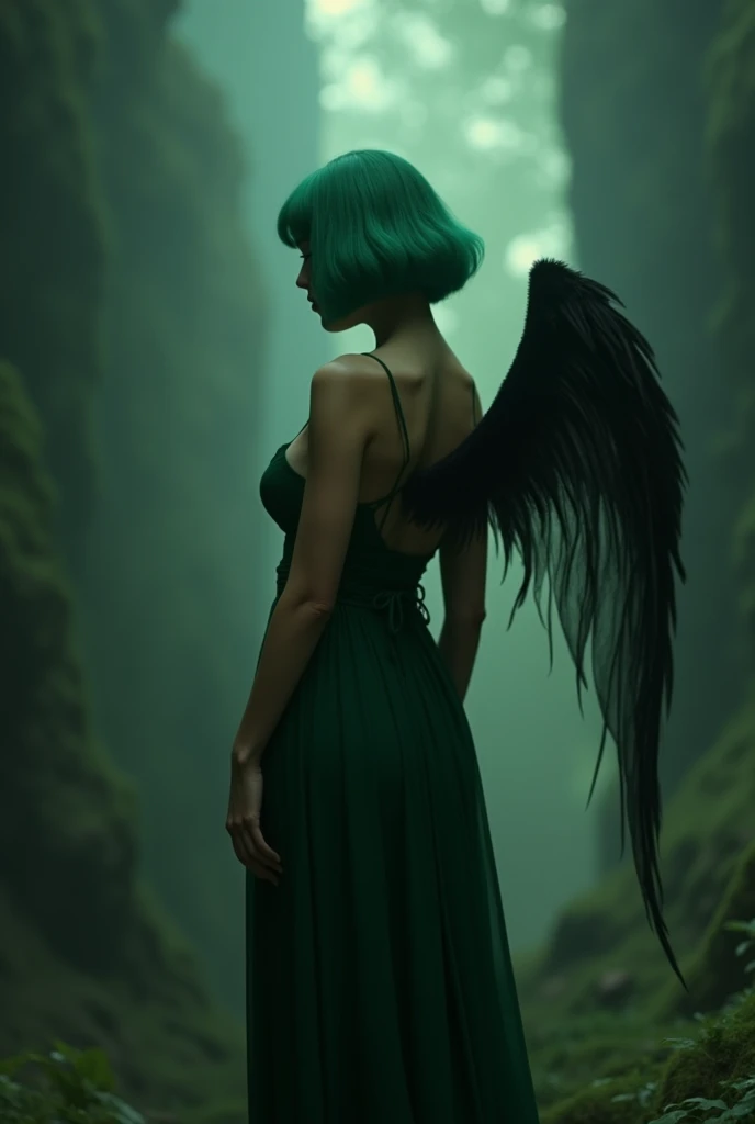 Hyperealism cinematic film still 8k highly detailed and realistic . In a mystic setting, taking style of Lilith, in the more subtle way, featuring a women,bob hair,natural big breast, full body of europian, green hair, back view, green dress with black feathered wings, outer ambience with dark light settings