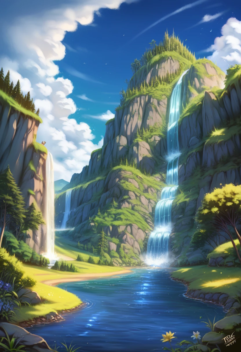Tatsumaki, one punch man,masterpiece, best quality, high quality, extremely detailed 8k CG unit wallpaper, scenery, Outdoor, sky, cloud, day, water, tree, blue sky, waterfall, cliff, nature, lake, river, cloudy sky, award-winning photography, Bokeh, depth of field, HDR, flower, chromatic aberration, photorealistic, extremely detailed, trend in artstation, trend in CGsociety, intricate, High detail, dramatic, art in the middle of the journey