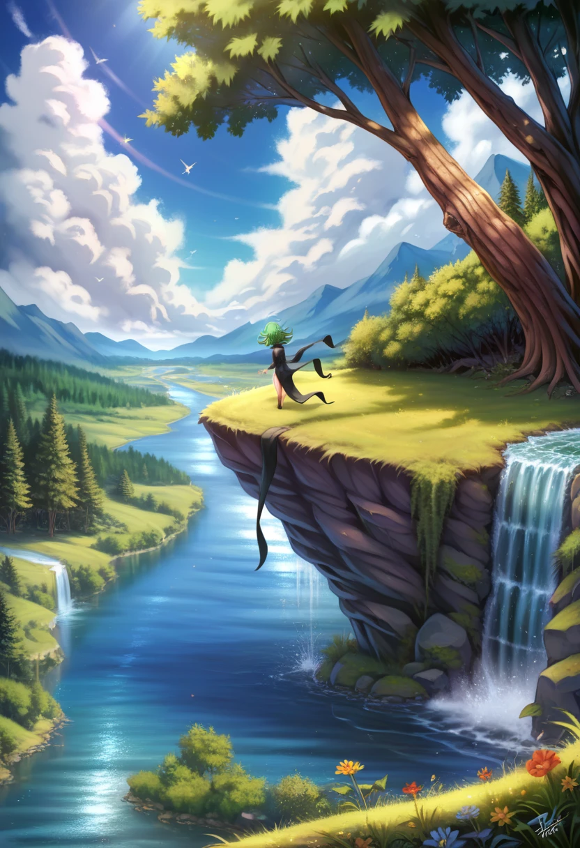 Tatsumaki, one punch man,masterpiece, best quality, high quality, extremely detailed 8k CG unit wallpaper, scenery, Outdoor, sky, cloud, day, water, tree, blue sky, waterfall, cliff, nature, lake, river, cloudy sky, award-winning photography, Bokeh, depth of field, HDR, flower, chromatic aberration, photorealistic, extremely detailed, trend in artstation, trend in CGsociety, intricate, High detail, dramatic, art in the middle of the journey