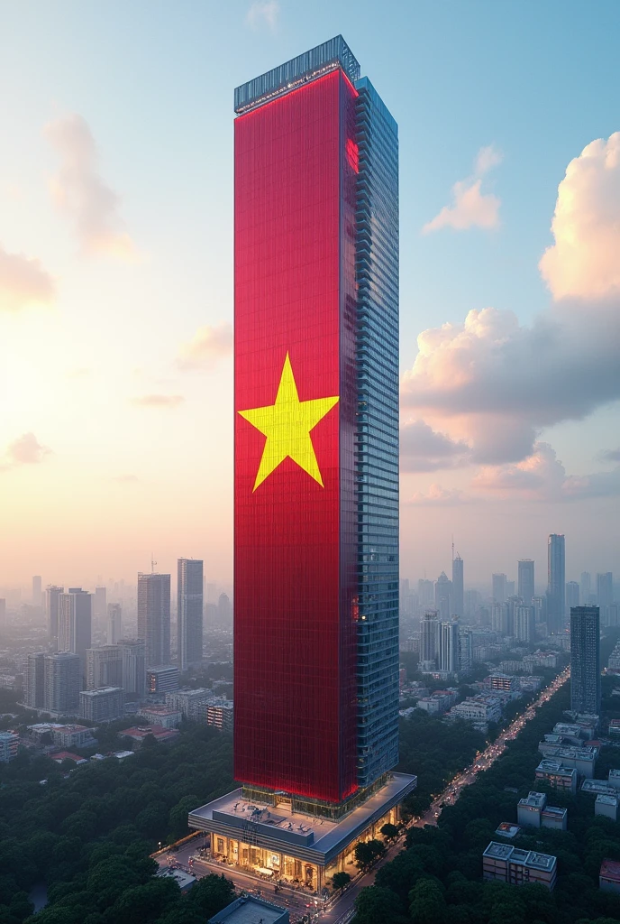 a tall building with the Vietnamese flag printed on it