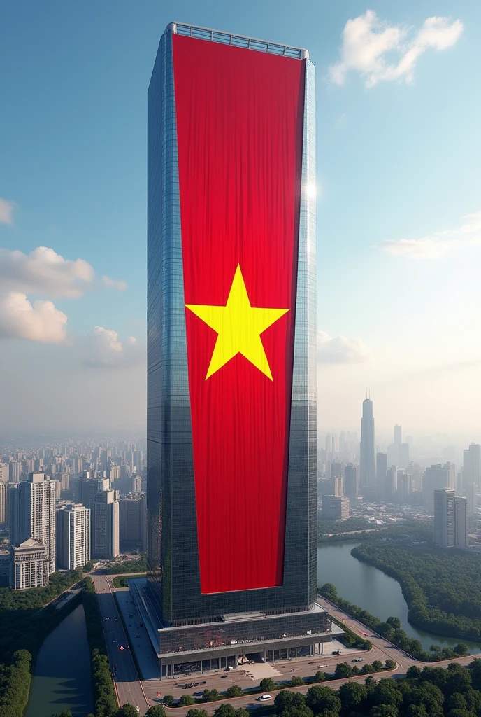 a tall building with the Vietnamese flag printed on it