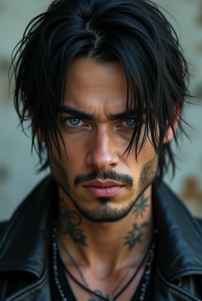 create a brazilian man, with alternative rock style, with straight black hair,blue eyes  