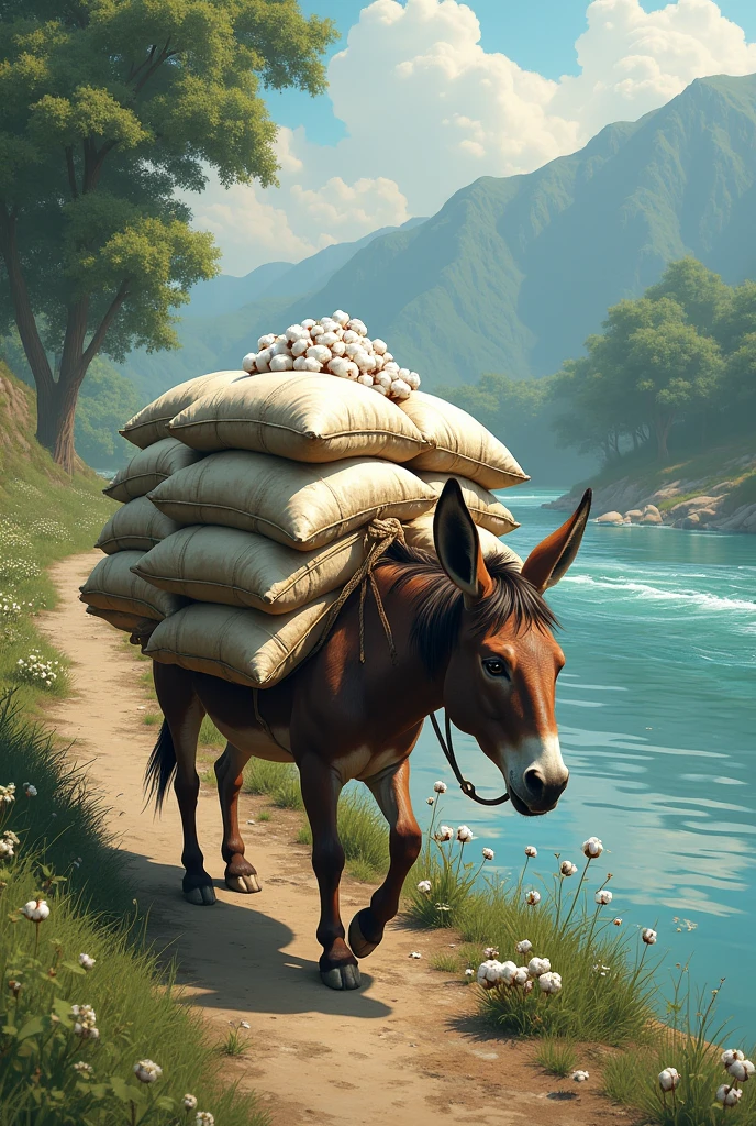 Many sacks of cotton on a donkey's back There is a big river on the side to drink water