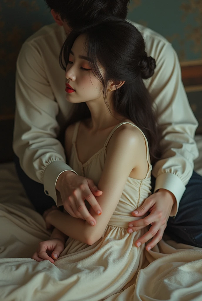Korean girl sitting in men leg