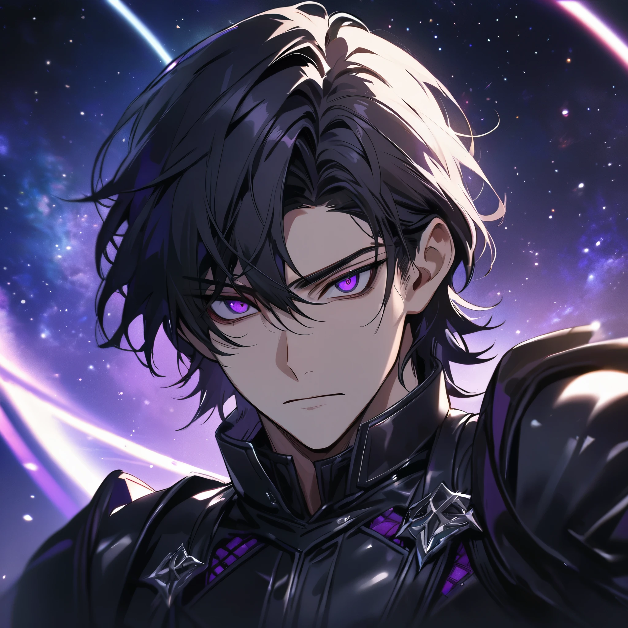 High quality, HD, 4k, no shadows, handsome male, handsome, extremly handsome, 1male, 1 male, teenager, pure black hair, short black hair, dark hair, black hair, jet black hair, sharp eyes, deep purple colored eyes, dark purple colored eyes, deep violet eyes, violet eyes, devil may cry, close up, calm expression, stoic expression, black leather clothes, black leather clothing, leather clothing, lean body, well trained body, upper body, looking at viewer, cowboy shot, white solar, space background