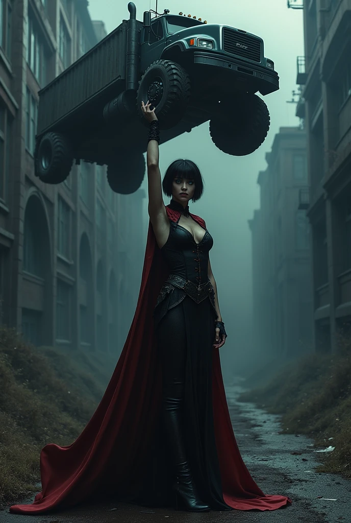 Dark short haircut blue eyes vampire gothic girl under eternal death entranced beauty big boobs big butts muscled tall giantess BBW stockings short red cape levanta un camión gigante por encima de su cabeza con una mano sola fácilmente