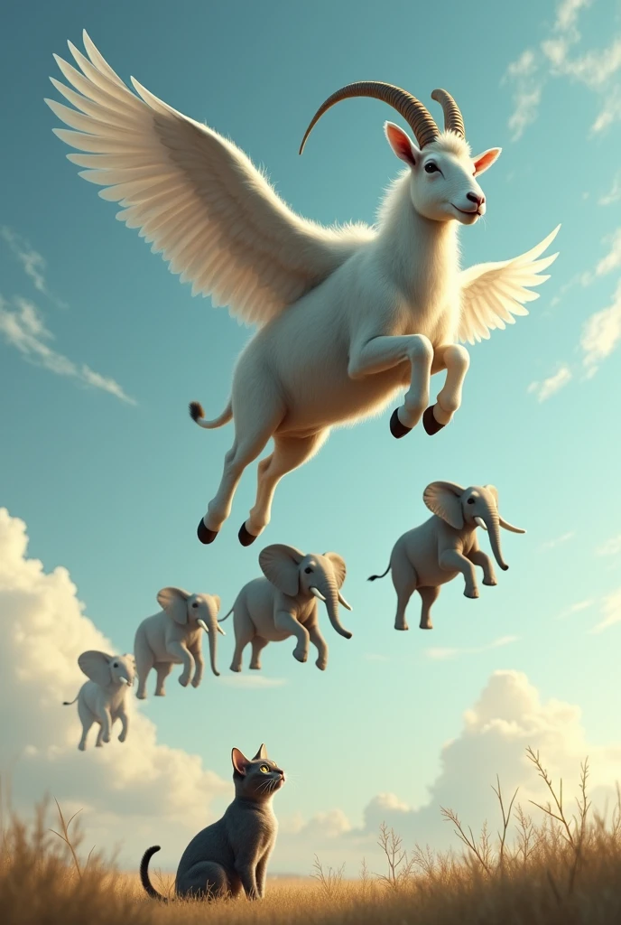 Goat is flying in the sky there is four elephant flying behind the goat and cat is staring at them in sky