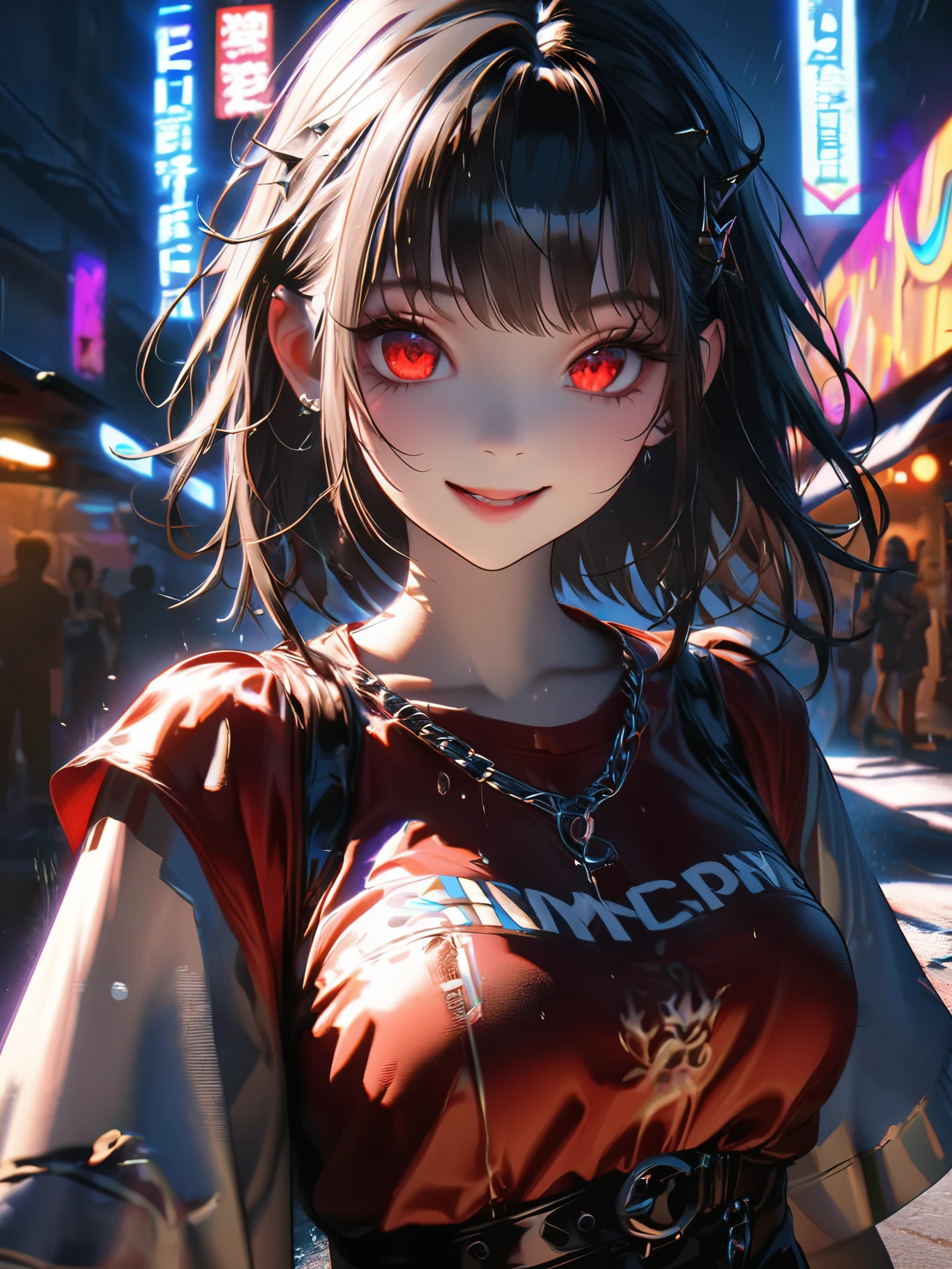 1 girl, chromatic aberration, Written boundary depth, Soft Light, masterpiece, Highest quality, complicated, Tone Mapping, A place where fireworks are set off at festivals. Concept Art, Smooth, Clear focus, Dramatic lighting, Very cinematic, super practical painting, アートステーション's trending, 8k, Incredible Shadows, practical, whole body, View, Viewers, Portrait of a Girl 1, standing on street corner, Heavy rain and lightning、Dark Sky, neon and cyber punk background, she is dressed in punk clothing with silver chains and silver spikes, Her hair was dyed a bright black color..........Ominous aura of light, smile, punk, ciber punk, Backlight.Fashionable clothes、Friendly dress code:Wearing a cute red dress.My breasts are a little big.Beautiful red eyes
