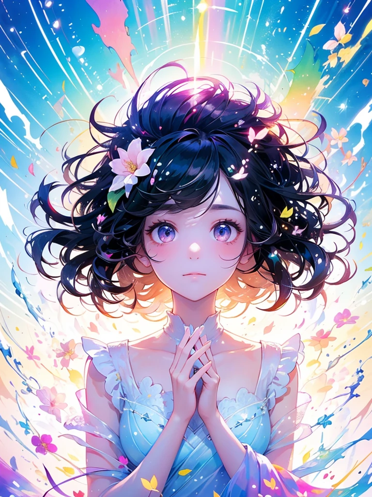 (masterpiece、Highest quality、Highest quality、Beautiful and beautiful:1.2)、Excellent anatomy、（Watercolor painting 1.5）、Long Shot、straight short hair images、Trendy Hair Color, Beautiful Face、Beautiful profile, Look up at the sky, I close my eyes and pray, A tear running down my cheek,Fairy, 蝶のFairyのコスチューム、Pure white、Pure、charm, Colorful flowers of different colors, Flower and leaf wind、Botanical Art,