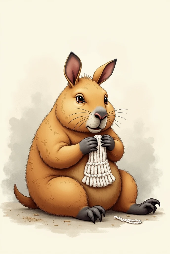 capybara sitting cross-legged crocheting in a drawing