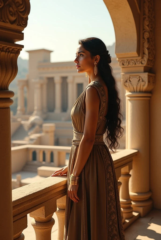 An authentic Iranian woman is staring at the balcony of her palace, which has a view of Persepolis.  He has a gold bracelet and is wearing gold earrings
