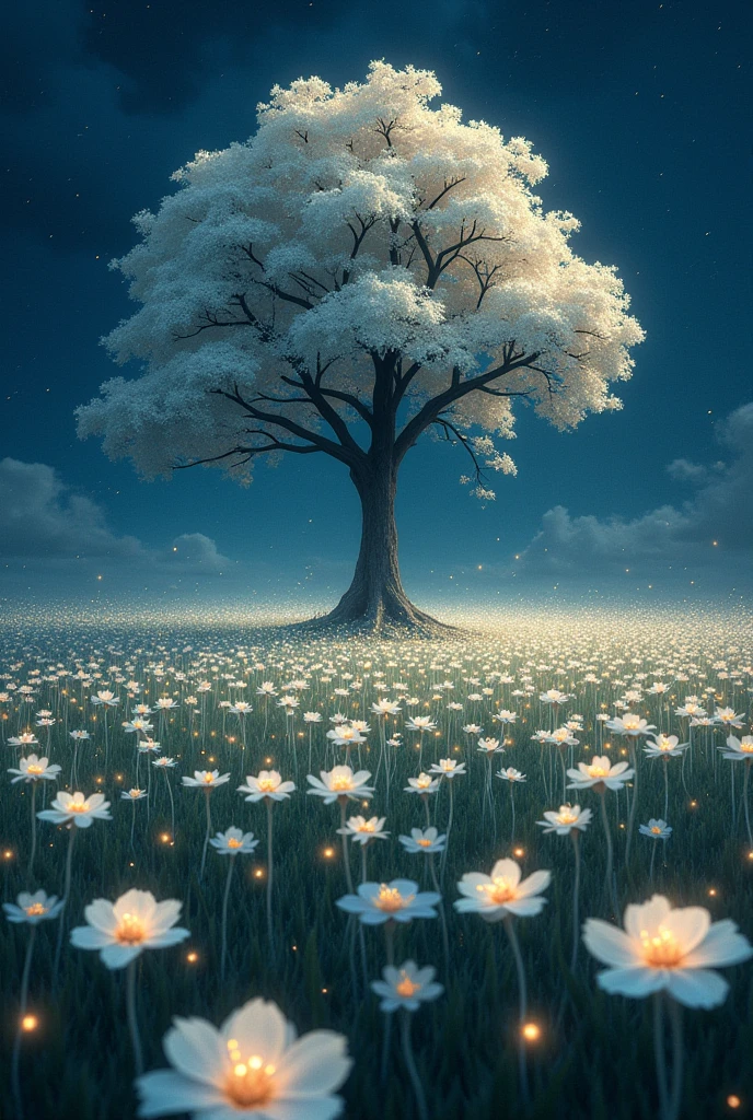 A beautiful field of white flowers at night with a huge rose tree in the center and fireflies flying all over the place illuminating it the image could be a painting