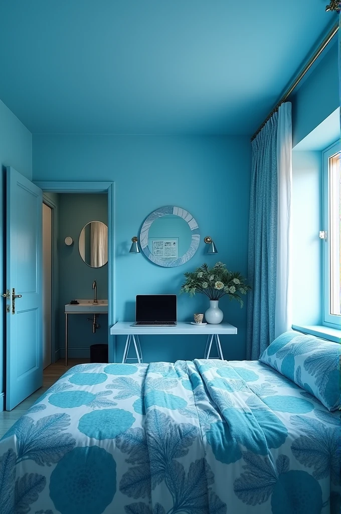 A blue room with giarda clothes, door to the bathroom with a desk with a laptop and a TV in front of the bed, the entire room is cyan blue. 