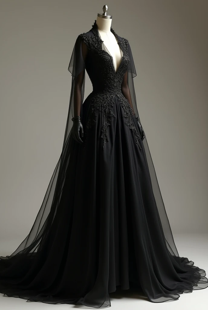 Robe vintage, super riche est élégante, une robe longue de soirée, divine en satin, avec des voiles et un decolteu qui met en valeur la poteine, la robe est noire et sublime comme la robe d'une déesse grecque antique, la robe est sur un mannequin dans visage
