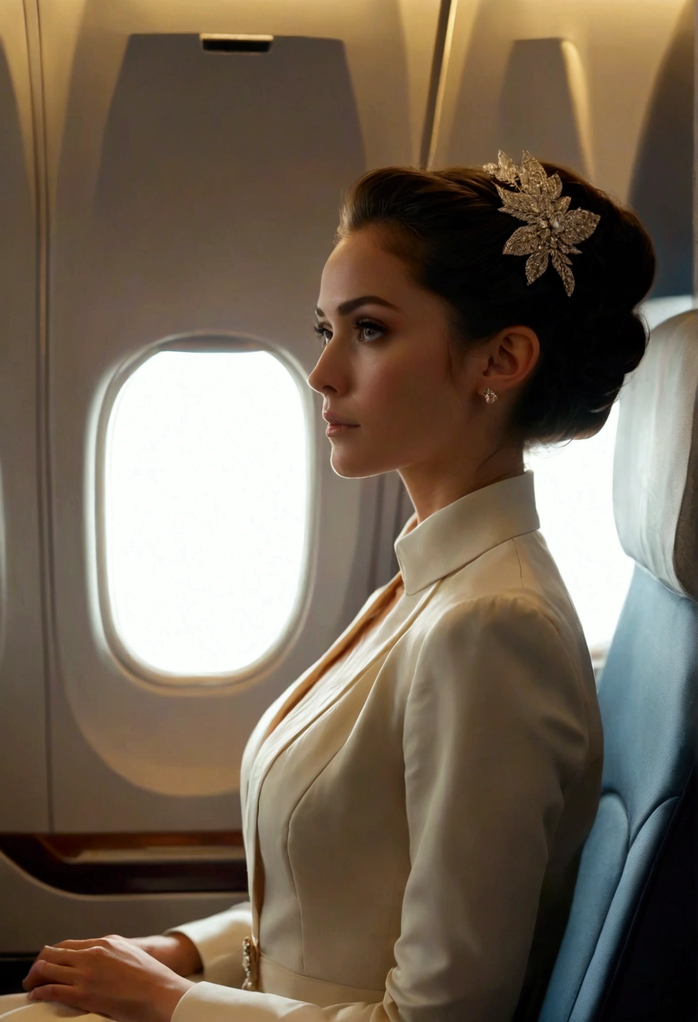 Cover for romantic novel where MALEFICENT DANICA an elegant woman in her 30s, sitting comfortably in a business class airplane seat. She has a professional yet relaxed demeanor, dressed in a stylish and elegant outfit suitable for travel, such as a ((( tailored blazer and blouse))). Her hair is neatly styled, perhaps in a sleek ponytail or a neat bun. She wears minimal, sophisticated jewelry and has a natural makeup look that enhances her features. She is gazing out of the airplane window with a calm expression, with soft ambient lighting illuminating her face. Around her, the business class cabin features plush seating, ample legroom, and small details like a folded blanket, a pillow, and a glass of water on the side table. The atmosphere is one of comfort and luxury, typical of a premium airline experience. Cinematic action scene, highly detailed, wide shot, Low Angle Shot, 4K, highly detailed, epic scene, dynamic scene. The Priest stands between the bride and groom, reciting vows. The lighting in the scene creates a soft outline of her profile, adding drama and depth to the image.