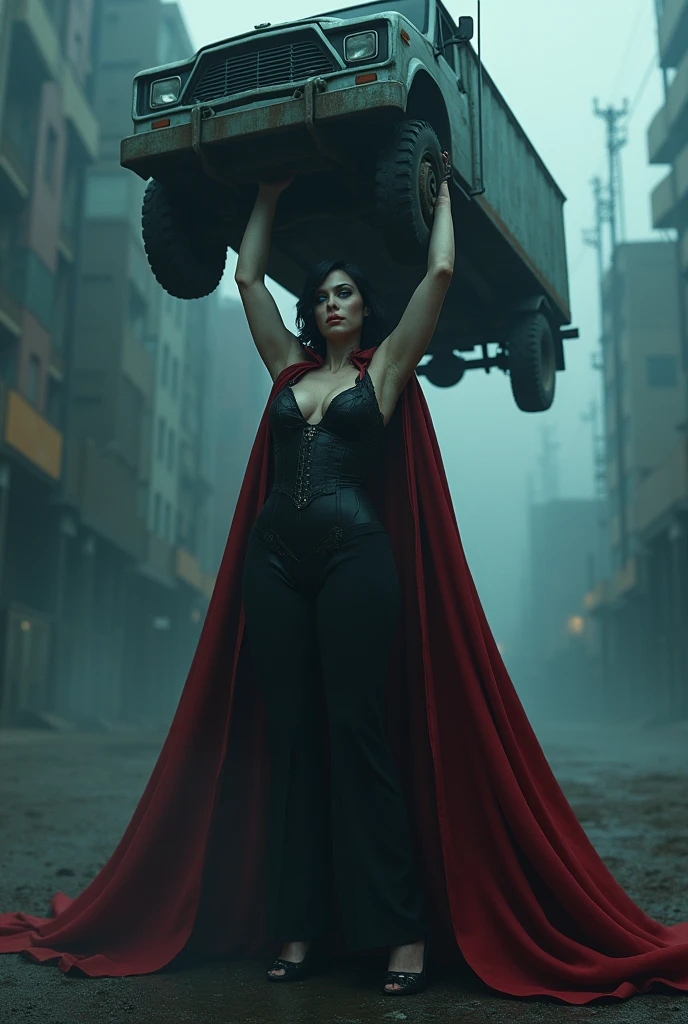 Dark short haircut blue eyes vampire gothic girl under eternal death entranced beauty big boobs big butts muscled tall giantess BBW stockings short red cape levanta un camión gigante por encima de su cabeza con una mano sola fácilmente