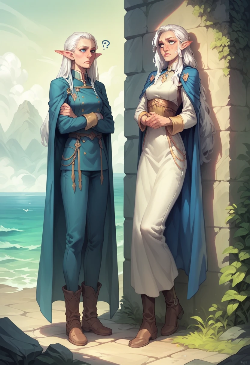 (Confused, High resolution, Very detailed), 1 female elf, white Hair,Long hair that reaches down to the ankles,Ankle-length hair,Long hair,blue Eyes,uniform,24th generation,beauty,mature,thin,quiet,Calm,A small smile,A kind smile,In front of people you like,Cape coat,Slender and thin,boots,skinny pants,Sea at dawn,Small breasts,