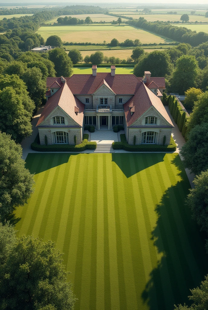 A villa on a very large plot. From a bird's eye view. With larger windows and in country style. More lawn and even larger windows. Isolated from the outside world with fewer trees and horse paddocks