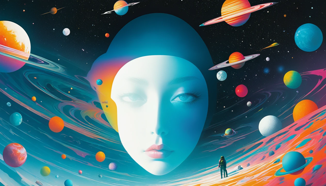 An illustration、art、Horror、Attention to detail, Realistic shadows、Analog Style, chromatic aberration, Surrealism、White World、universe space