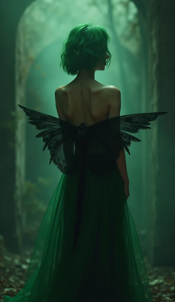 Hyperealism cinematic film still 8k highly detailed and realistic . In a mystic setting, taking style of Lilith, in the more subtle way, featuring a women,bob hair,natural big breast, full body of europian, green hair, back view, green dress with black feathered wings, outer ambience with dark light settings
