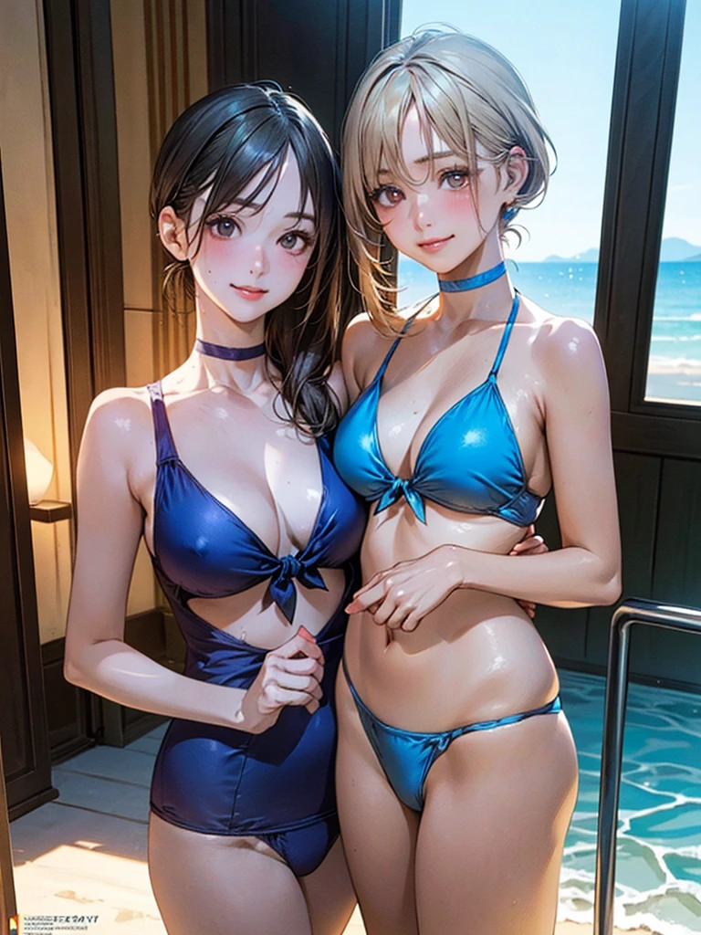 (masterpiece:1.2, Highest quality), (Realistic, photoRealistic:1.4), Beautiful illustrations, (Natural Side Lighting, Cinema Lighting), Browsing Caution,
View your viewers, Cowboy Shot, 1 girl, Japanese, Idol Sculpture, high school girl, Perfect Face, Cute and symmetrical face, Sunburn, Glowing Skin, thin,
(short hair:1.2, Side Ponytail:1.2, Blonde), Parted bangs, Golden Eyes, Long eyelashes, (Large Breasts:0.6),
Beautiful Hair, Beautiful Face, Beautiful attention to detail, Beautiful clavicle, Beautiful body, Beautiful breasts, Beautiful thighs, Beautiful feet, Beautiful fingers,
((Blue swimsuit), Black choker, Wrist Chakra),
(Beautiful views), Tropical beach, (Cute smile, Upward glance),