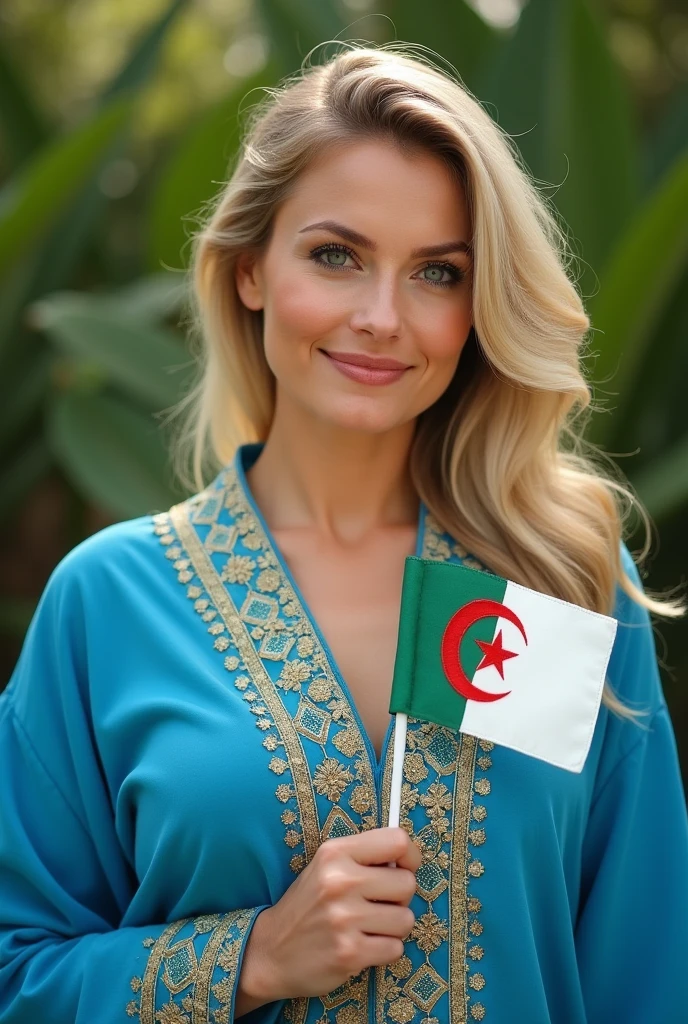 Close up, blonde plump woman . She is wearing a blue caftan decorated with gold and white threads, embroidered with a modern and high-quality technique, she is holding the Algerian flag on her hand, perfect clarity of the entire image, sharpness of the face and eyes, intricate details 64k 32k HDset green nature background