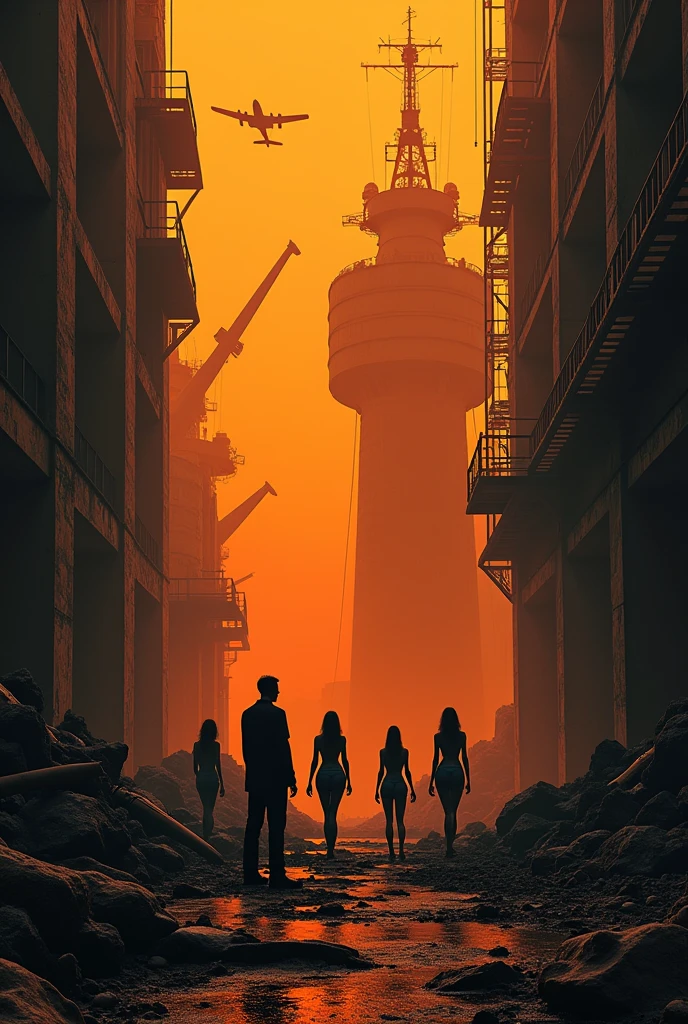 3D Style，Two-color，black，orange，Photographer and several beautiful models，factory，taller，Abandoned warship，Abandoned fighter plane