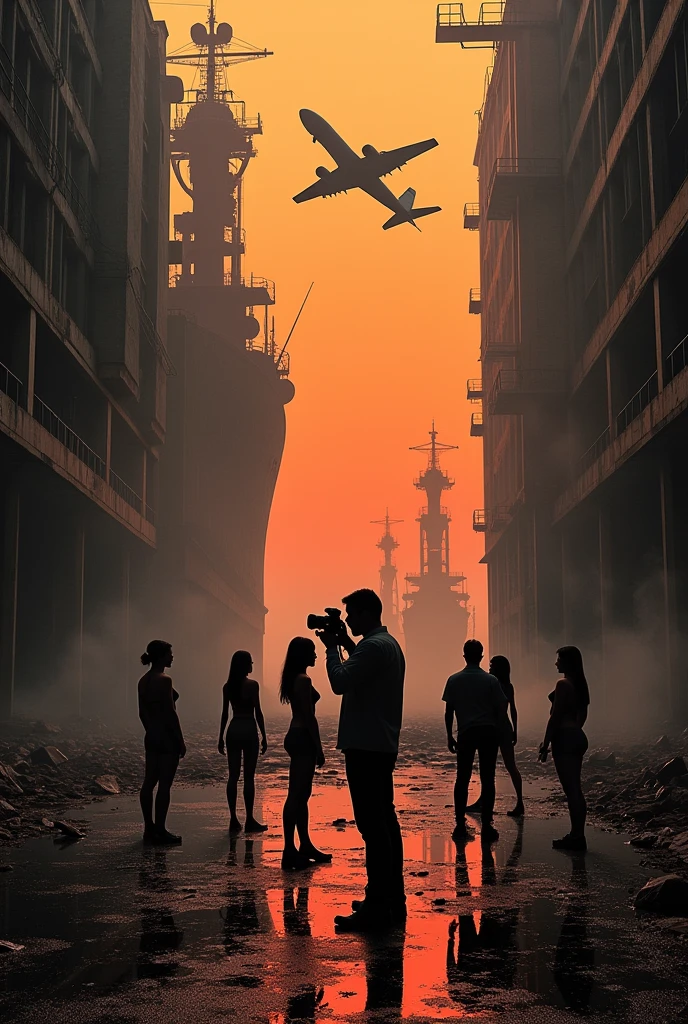 3D Style，Two-color，black，orange，Photographer and several beautiful models，factory，taller，Abandoned warship，Abandoned fighter plane