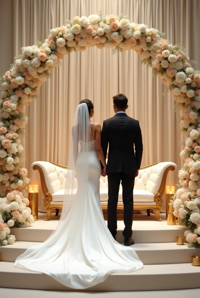 
de mariage dans le thème, blanc dorée avec une touche de rouge chic
Montre moi uniquement le coin marie avec estrade et canapé 