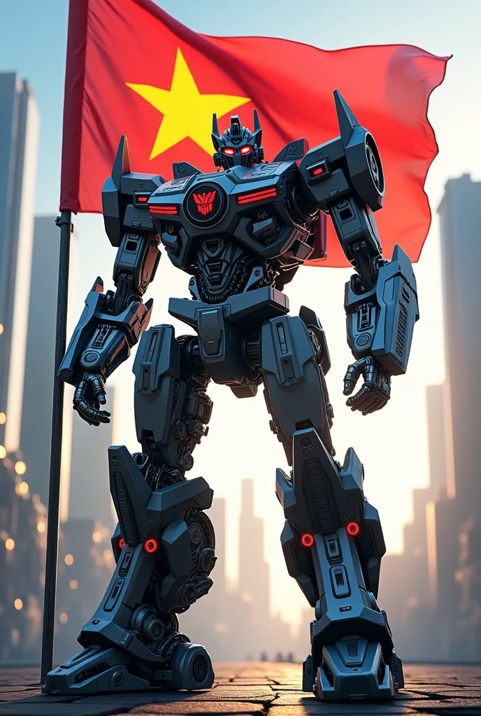 a transformer style robot, holding the Vietnamese flag