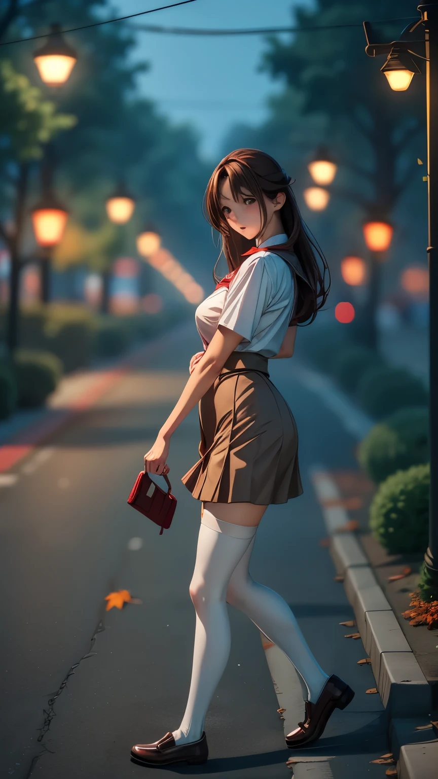 Masterpiece、Ultra-high quality photo、8k、5、Beautiful mature woman、Uniform Cosplay、Red cheeks、Light Brown Hair、Flared mini skirt、Over the knee stockings、loafers、Sidewalk、autumn、Walking、Plump body、Picking Up Girls、Embarrassed face、The wind flips up my skirt、White panties