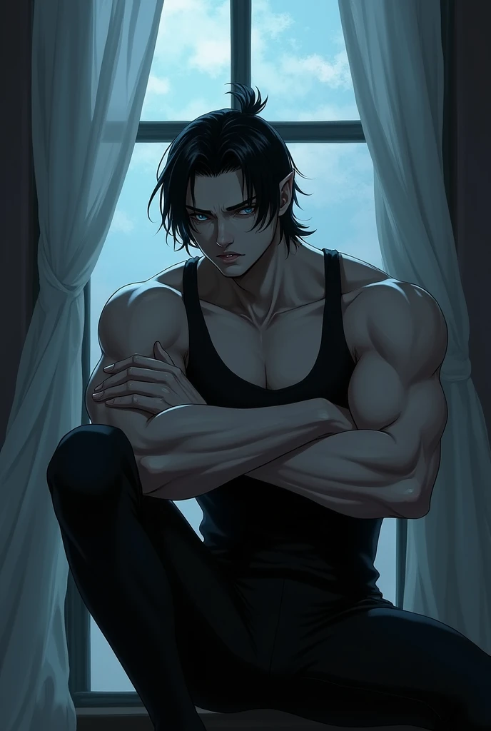 1 man, Imposing Man,Tight black clothing. pointy ears. Shoulder length black hair with only the top part pulled back behind her head. blue eyes. pale white skin. Digital art. Sitting on the edge of a window with the night in the background, Loose white curtains fluttering in the night wind, arms crossed on chest, attractive and dangerous young man, dark and tense atmosphere, dim lighting, muscles, Robust and sexy, serious, strong jaw, straight nose, affiliated cheekbones