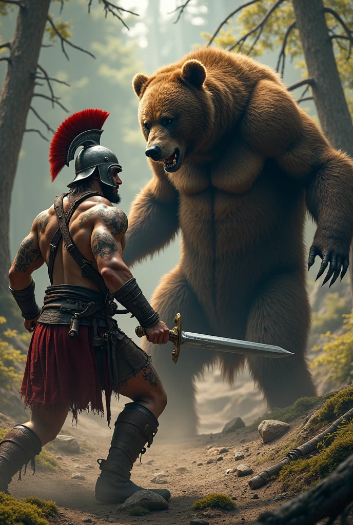 create a barbarian with a roman helmet ,with a sword in hand,fighting a wild bear,realistic tattoo style in high definition.
