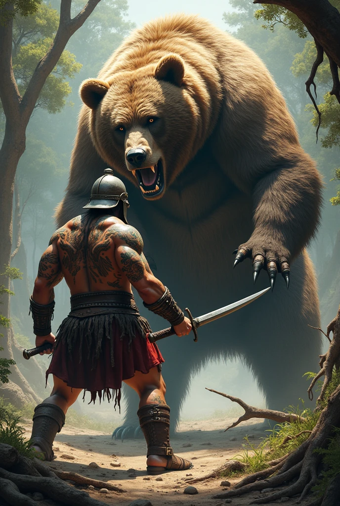 create a barbarian with a roman helmet ,with a sword in hand,fighting a wild bear,realistic tattoo style in high definition.